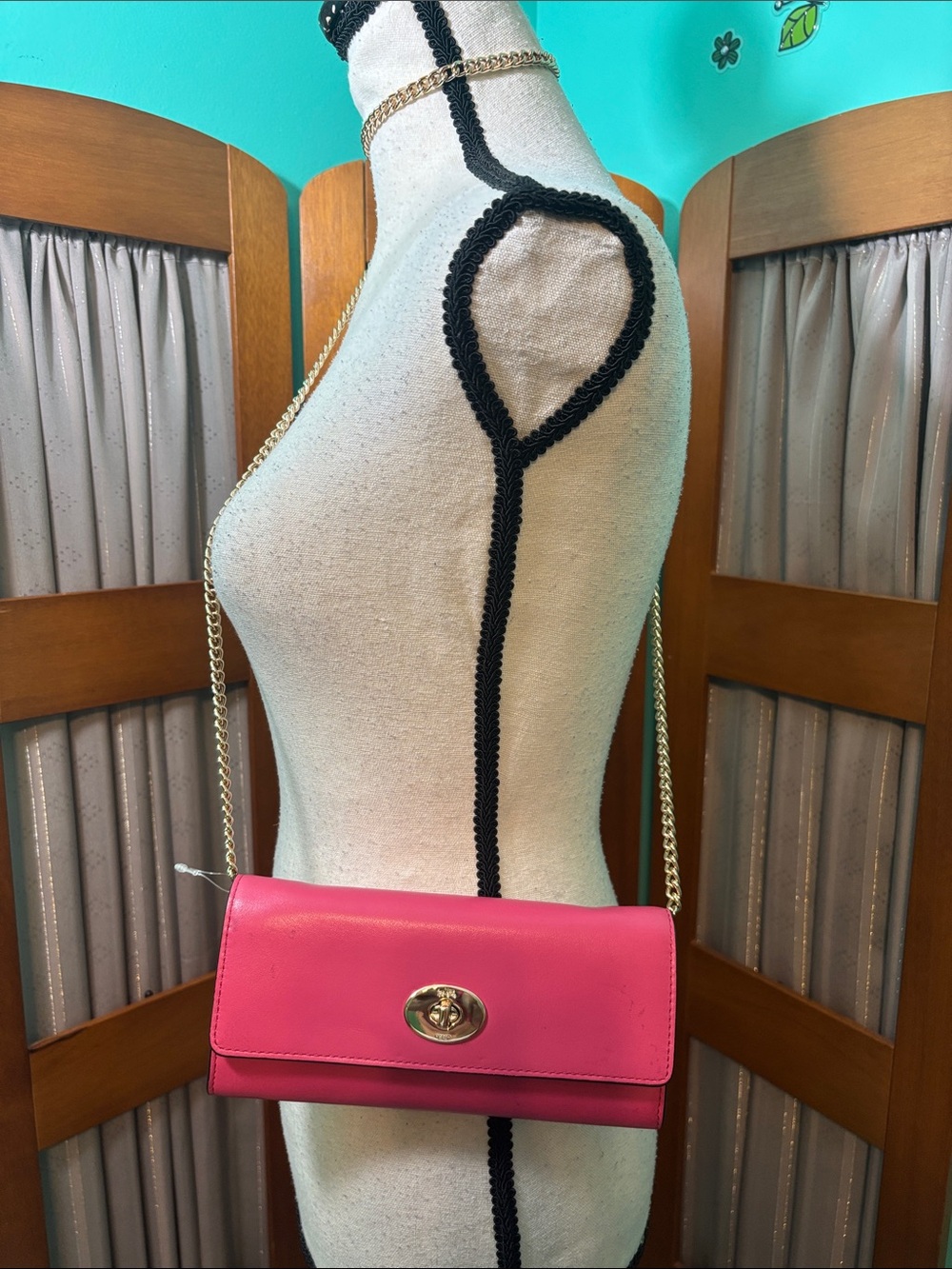 Coach Slim Envelope Pink Leather Chain Crossbody with Gold Turnlock